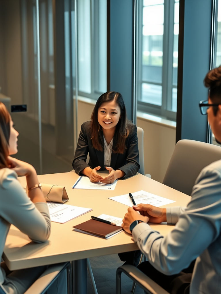 3 people coaching business in a meeting room and look from asia 2 woman 1 man, look like m