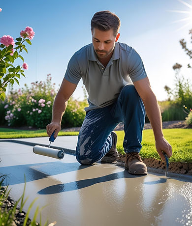 A man applying sealer on a concrete driveway