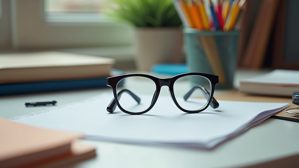 Close-up view of a pair of glasses on a desk with school supplies