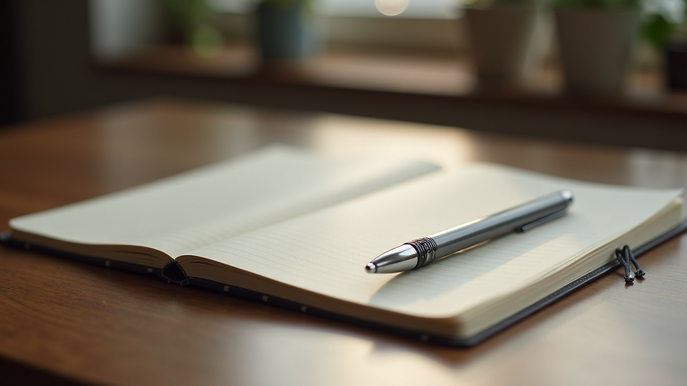 Close-up view of a journal and pen on a wooden table, symbolizing self-reflection