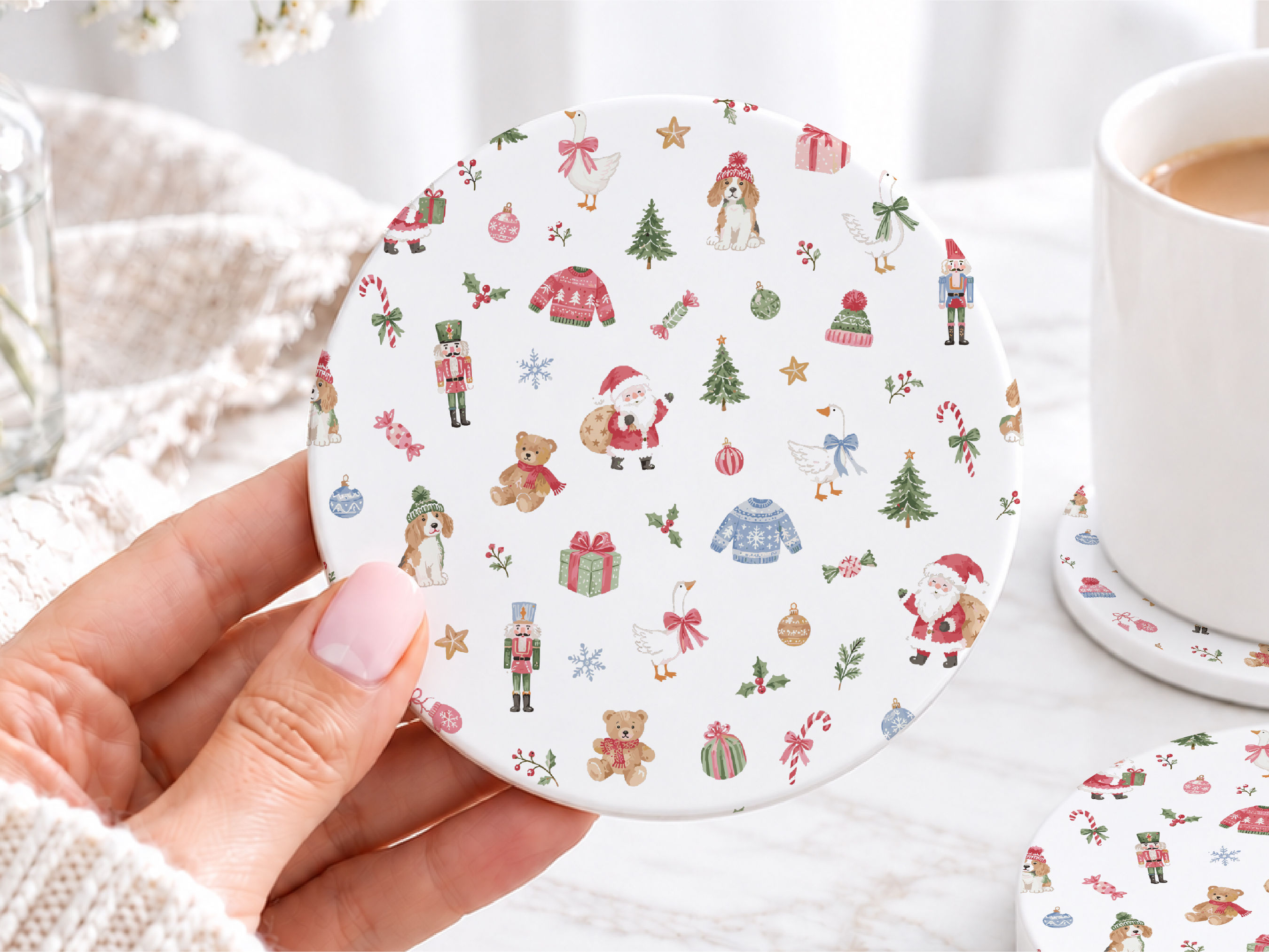 Glossy round ceramic Christmas coaster featuring watercolour Santa, teddy bears, geese, nutcrackers and festive motifs.