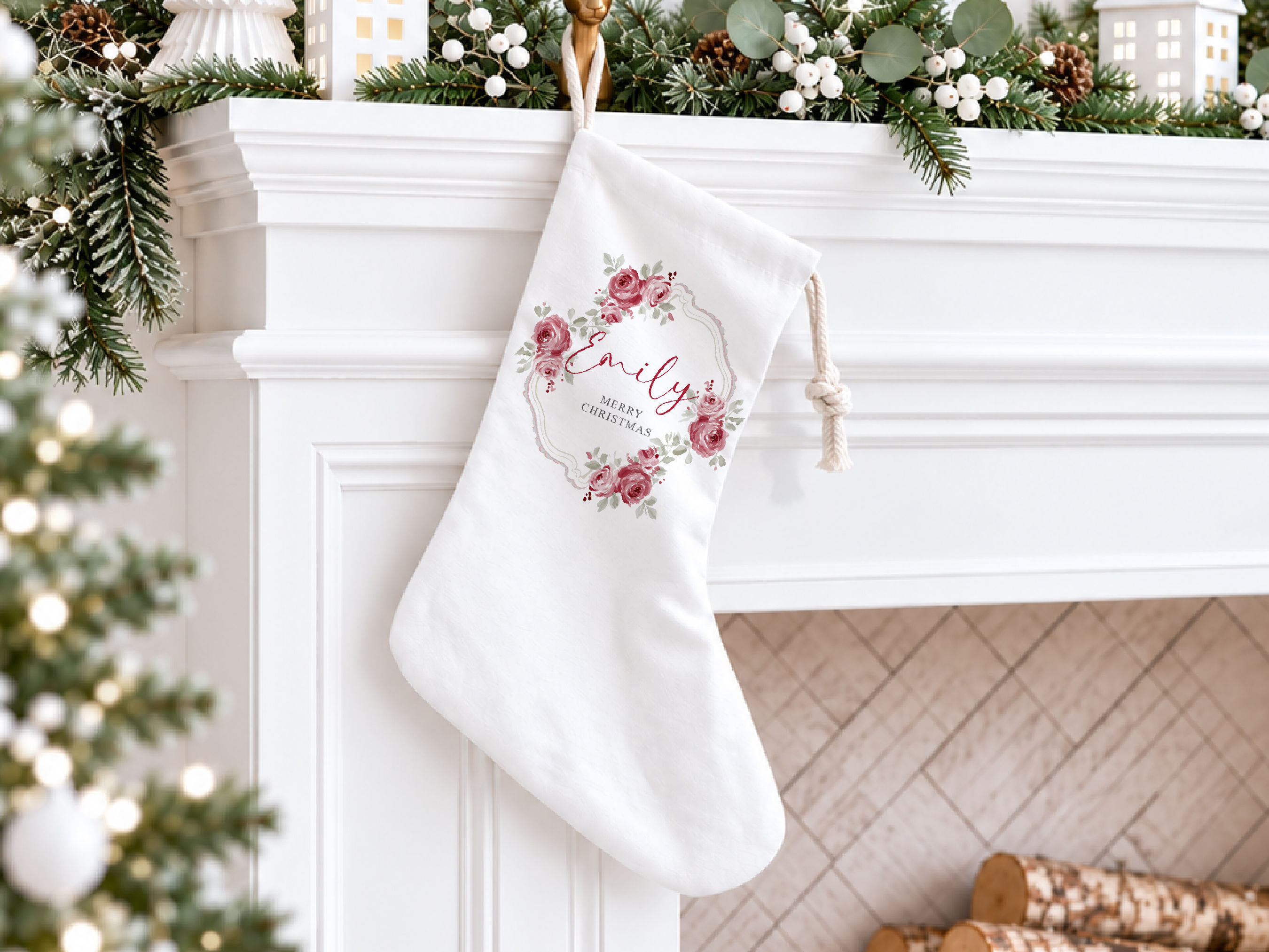 Personalised white Christmas stocking with vintage pink floral wreath and Emily's name, hanging from a festive fireplace.