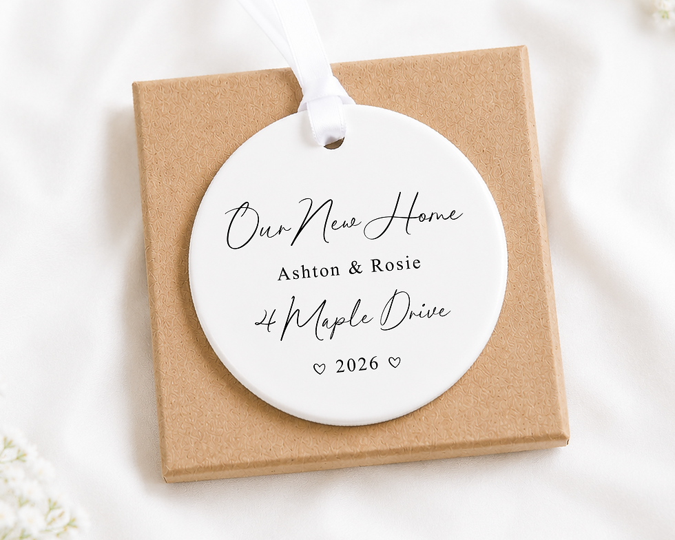 Round white ceramic keepsake ornament with personalised message, presented in a kraft gift box