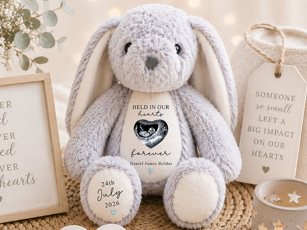 Personalised grey bunny rabbit soft toy with baby boy keepsake design, displayed in a neutral nursery setting