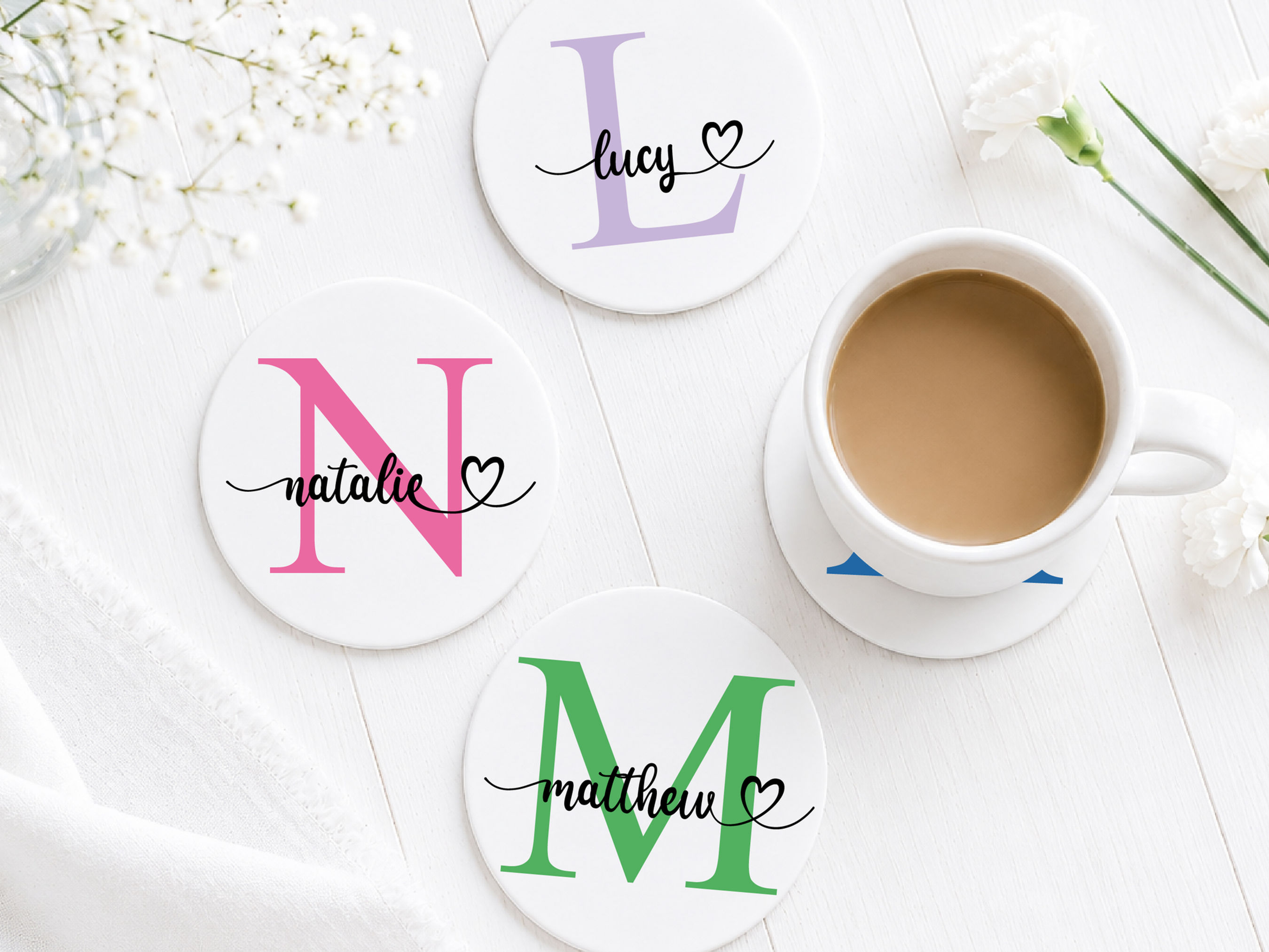 Personalised Initial & Name Coaster – Monogram Heart Ceramic