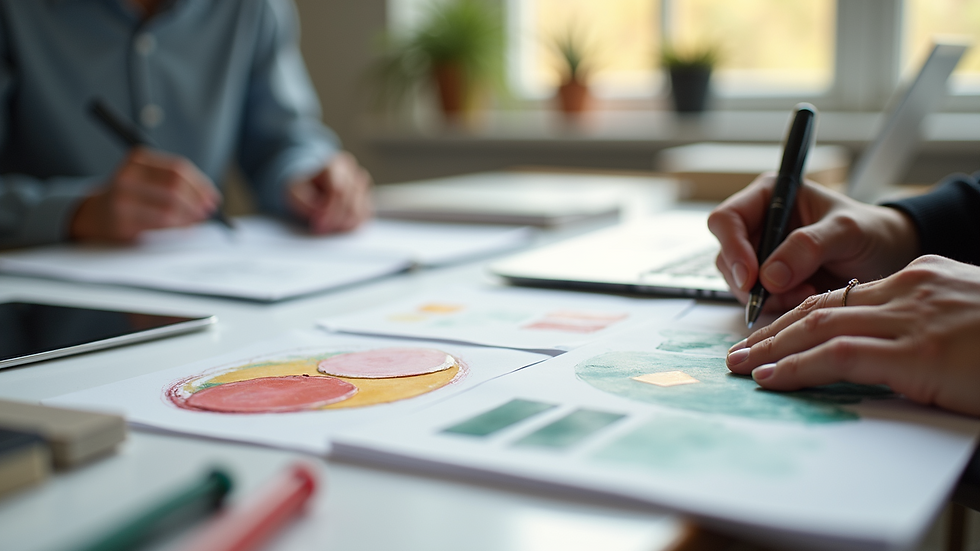 Close-up of a designer’s desk with sketches and color swatches