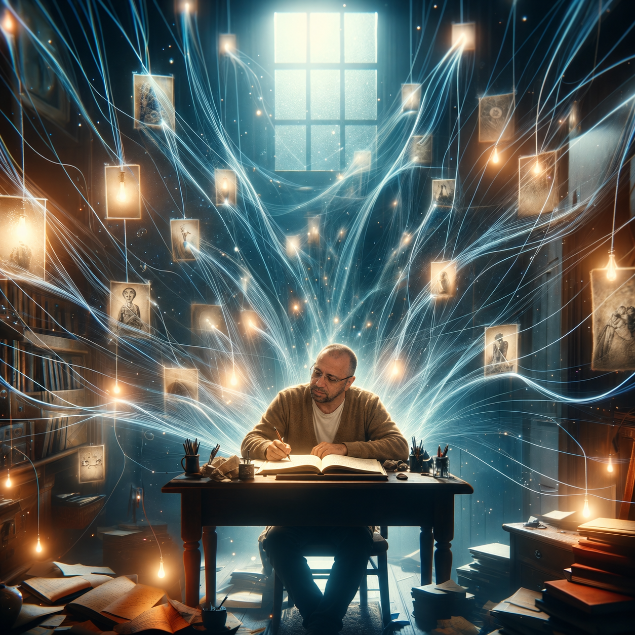 Alex Cenem writing in an open journal, surrounded by glowing strands of memories