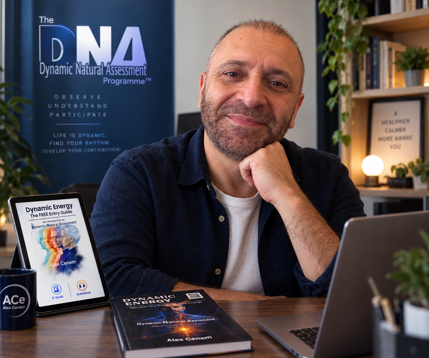 Alex Cenem at his desk, with the Dynamic Energy Core Book and free Entry Guide