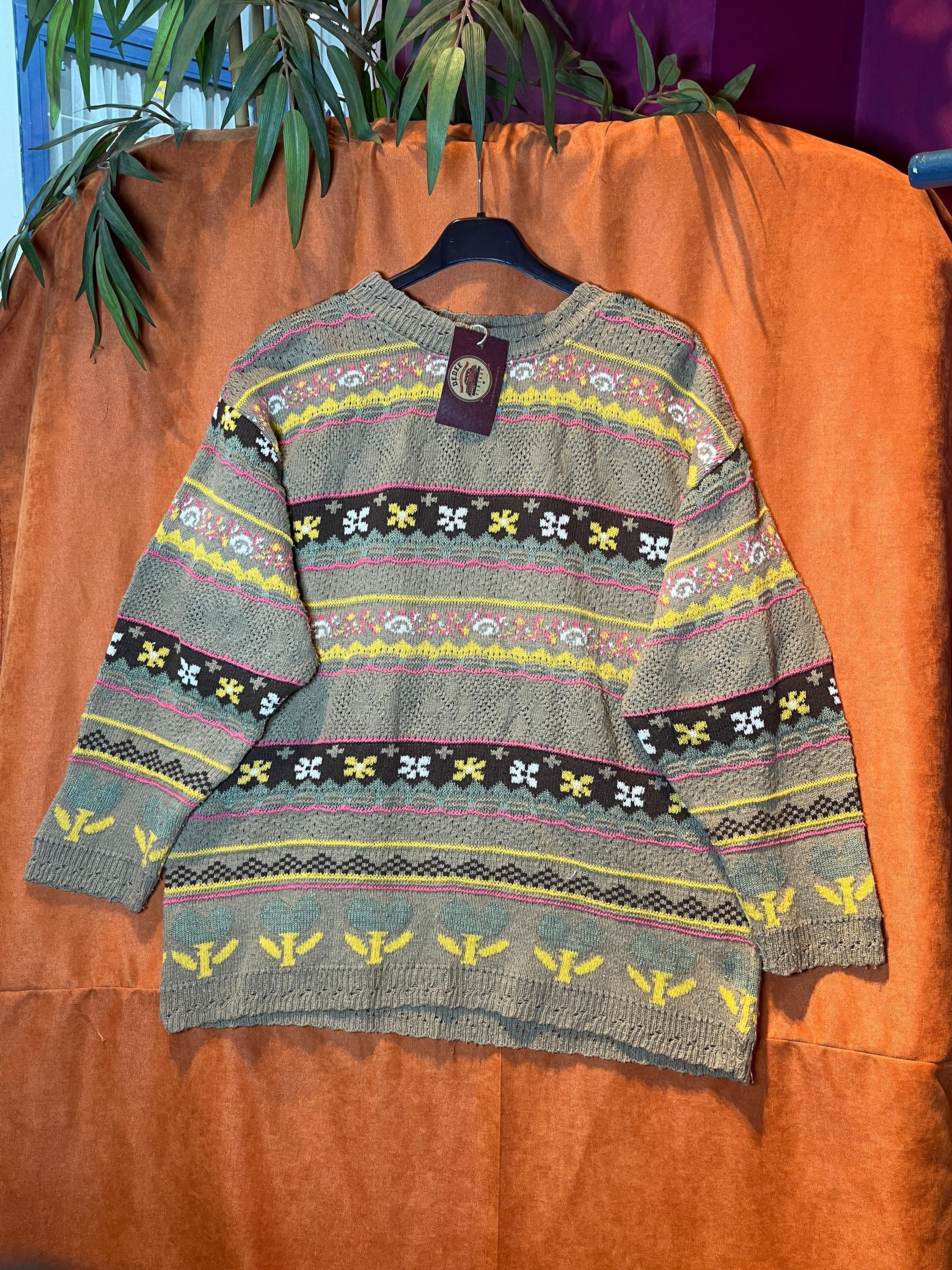 Vintage Desenli Kahverengi Çizgili Triko Kazak(Kadın S/M)