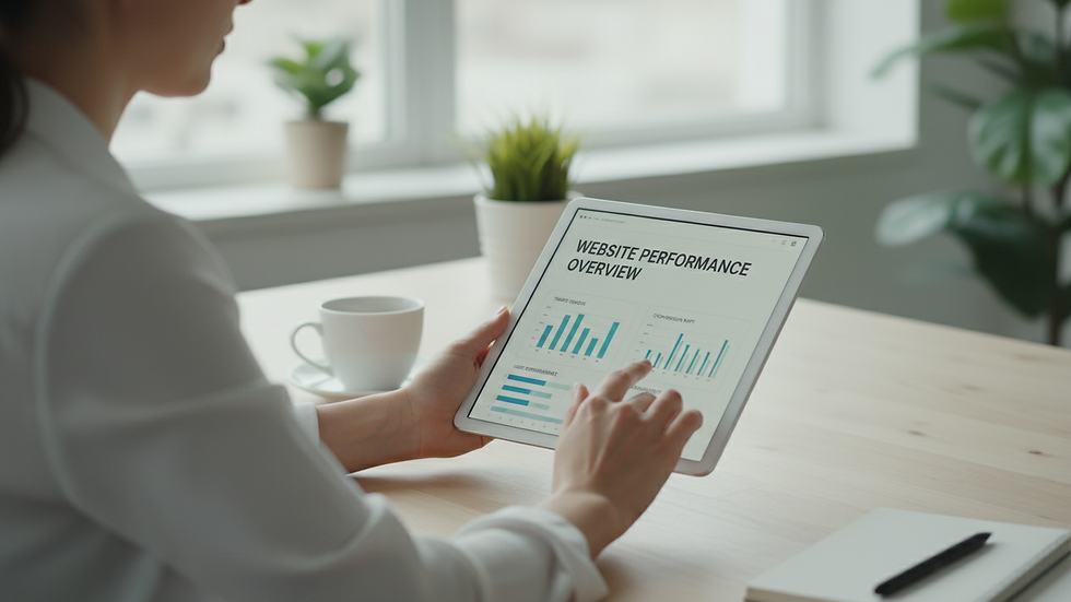 Close-up view of a small business owner reviewing website analytics on a tablet