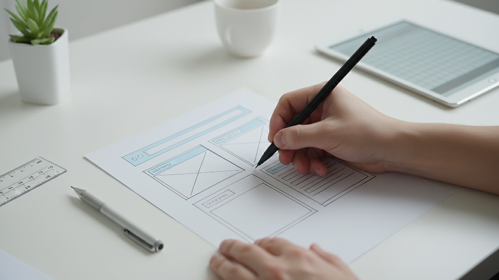 Close-up view of a designer sketching website layout on paper
