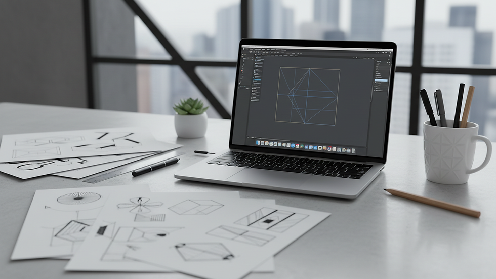 Close-up view of a designer’s desk with sketches and a laptop
