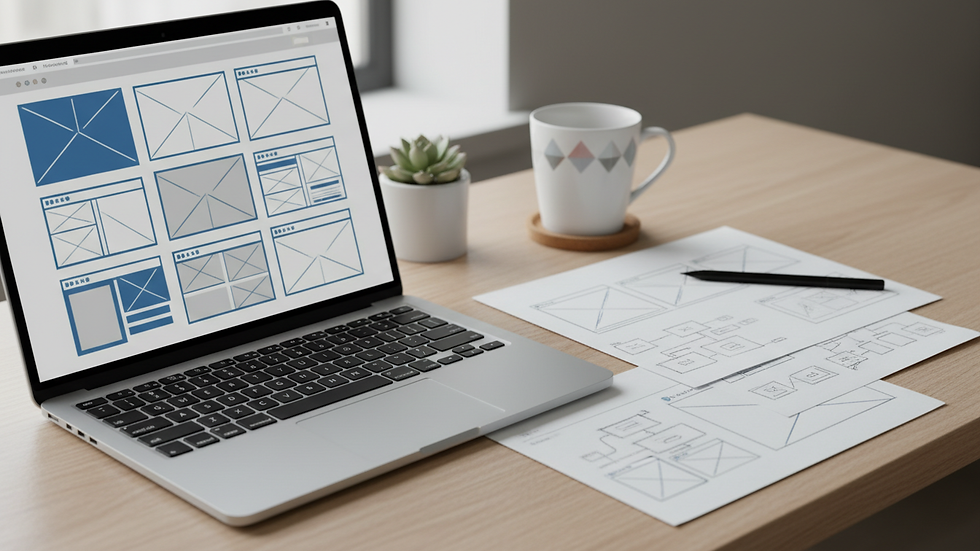 Close-up view of a designer’s desk with sketches and a laptop showing website wireframes