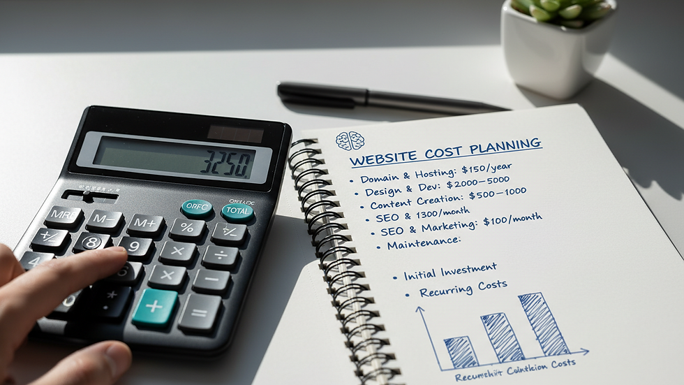 Close-up view of a calculator and notebook with website cost planning notes