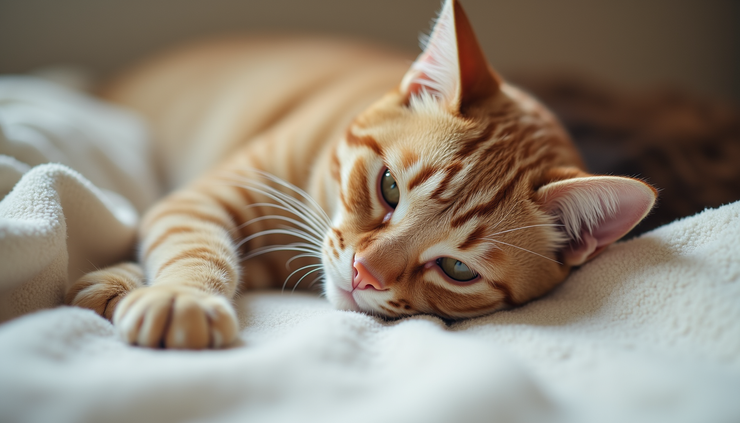 Eye-level view of a cat resting peacefully on a soft blanket sprayed with calming spray