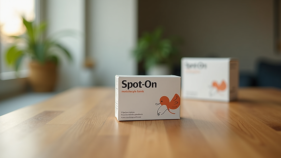 Vue en plongée d’un paquet d’antiparasitaire Spot-On Ohpidan sur une table en bois