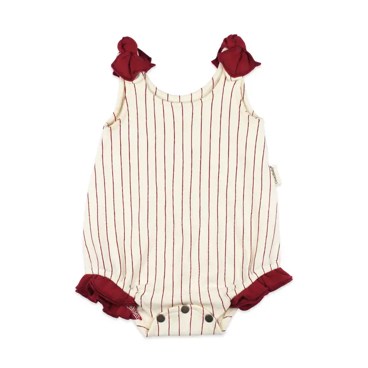 L'ovedbaby Organic Bowtie Shoulder Bodysuit in Crimson Pinstripe