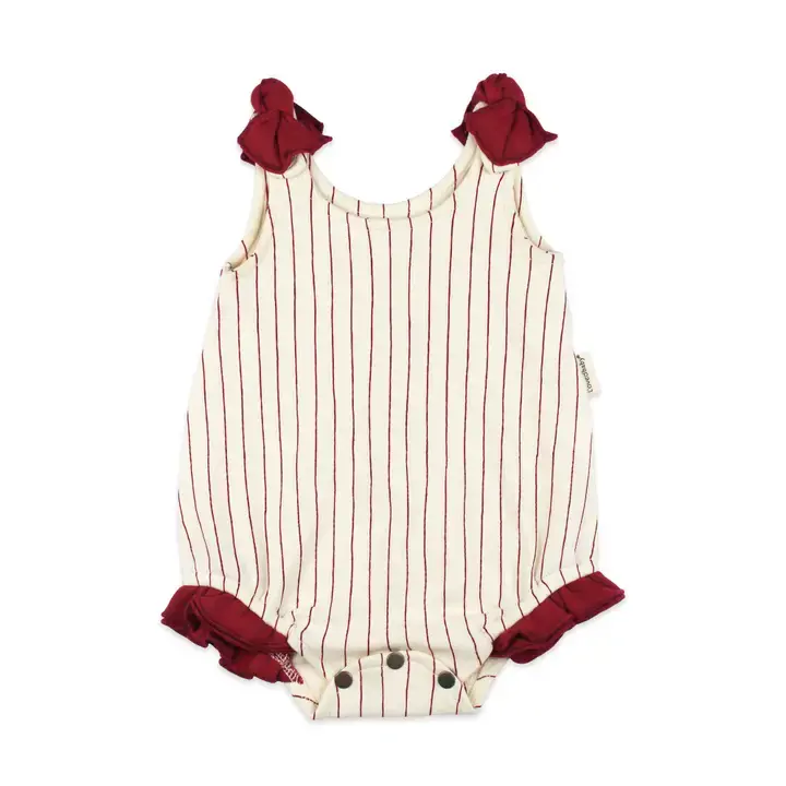 L'ovedbaby Organic Bowtie Shoulder Bodysuit in Crimson Pinstripe