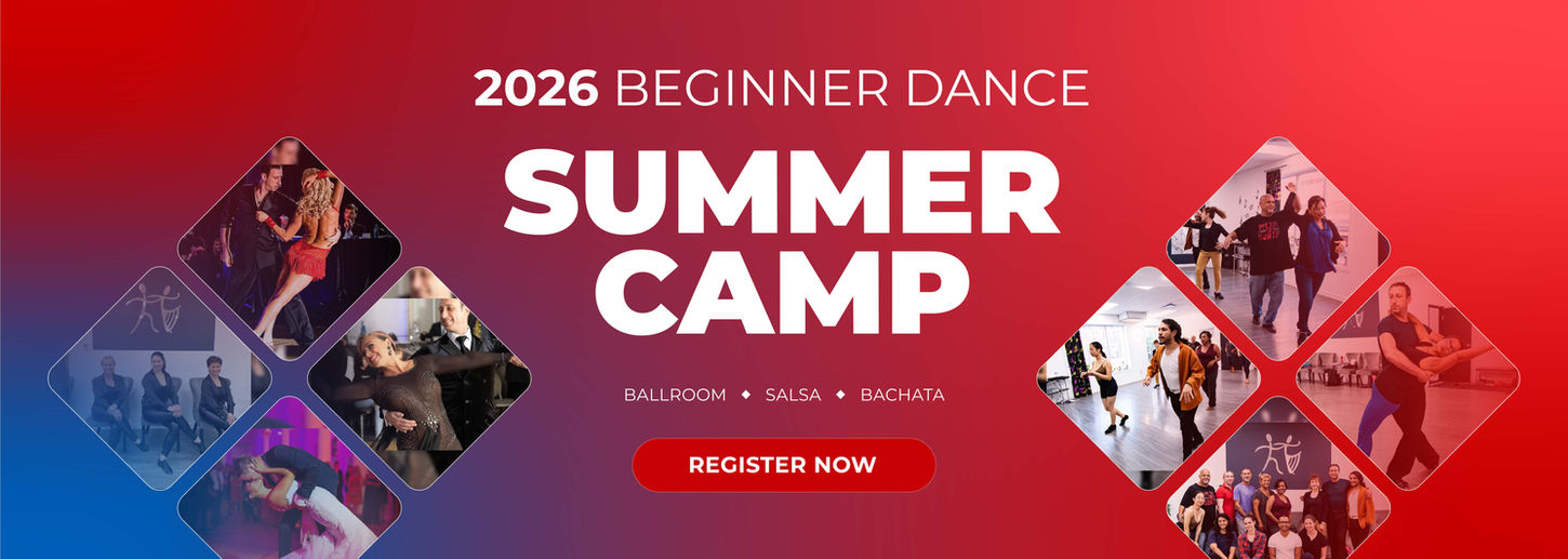 An image with a gradient background, and text that reads "2026 beginner dance summer camp. Ballroom or Salsa or Bachata. Register now."