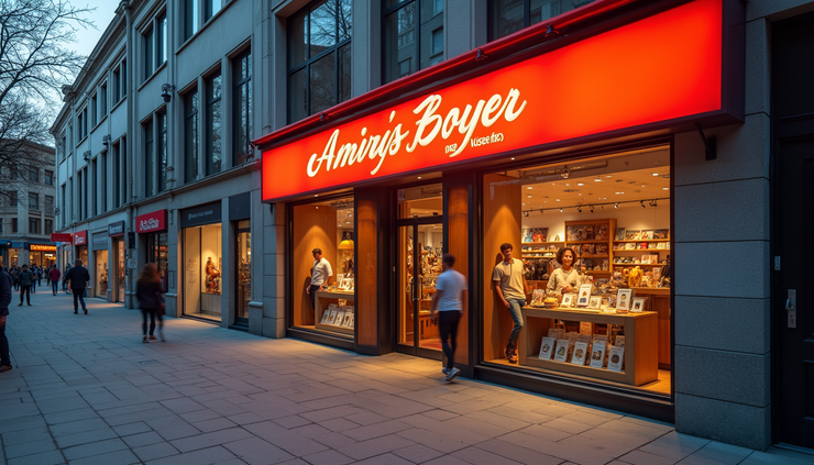 Eye-level view of a vibrant storefront with bold signage and clear logo