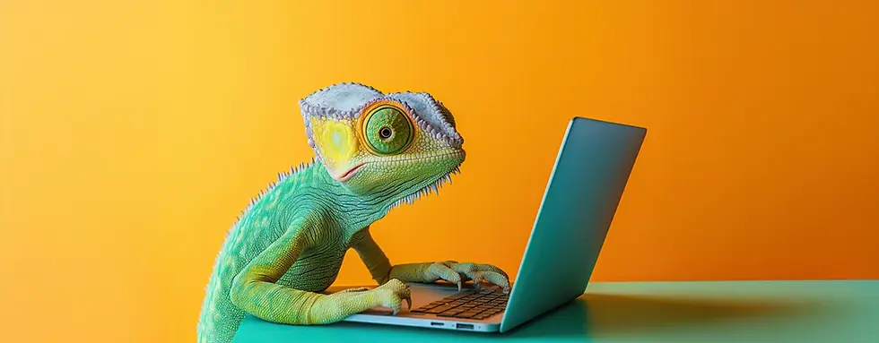 chameleon working at laptop with yellow background