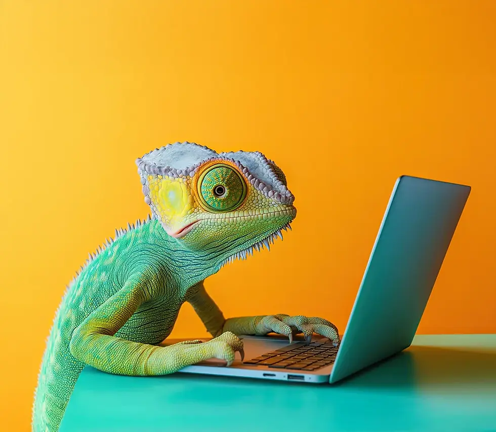 chameleon working at laptop with yellow background