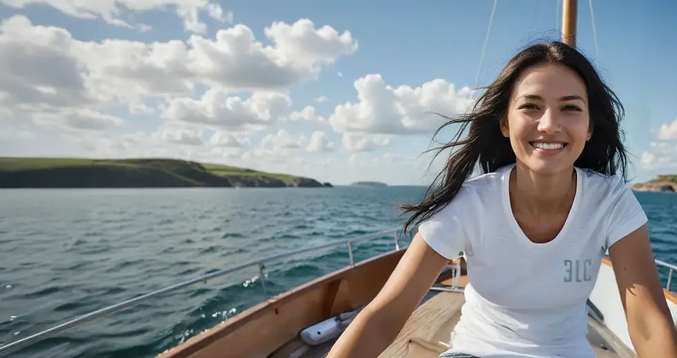Woman on sailing boat, smiling and wearing 3LC branded t-shirt
