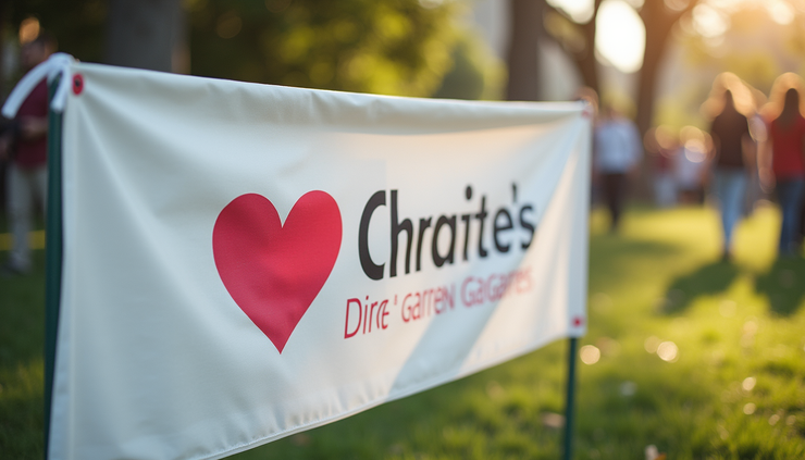 Eye-level view of a charity event banner with a clear logo and mission statement