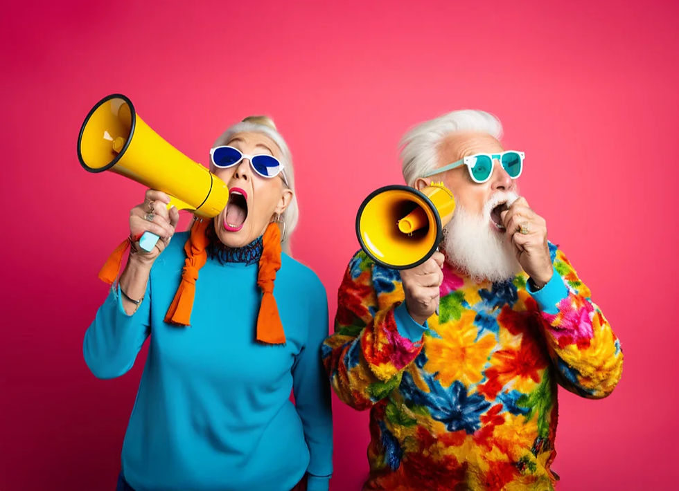Old couple with gramophones on pink background, representing communication in a quirky way