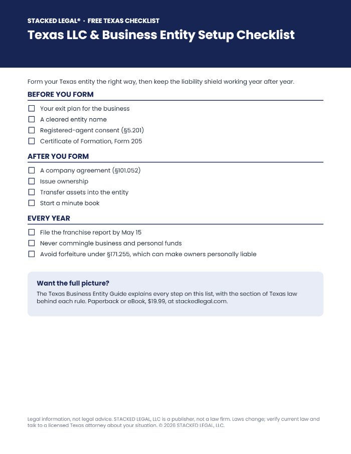 Preview of the free Texas LLC & Business Entity Setup Checklist