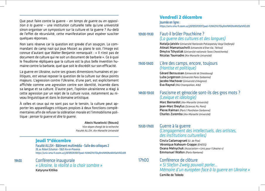 Programme de la conférence La culture contre la guerre