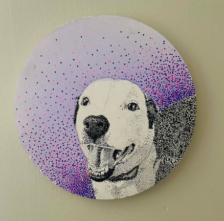 The babiest of dogs done in dots with purple dotted background