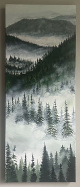 Painting of a mountain of pine trees covered in fog