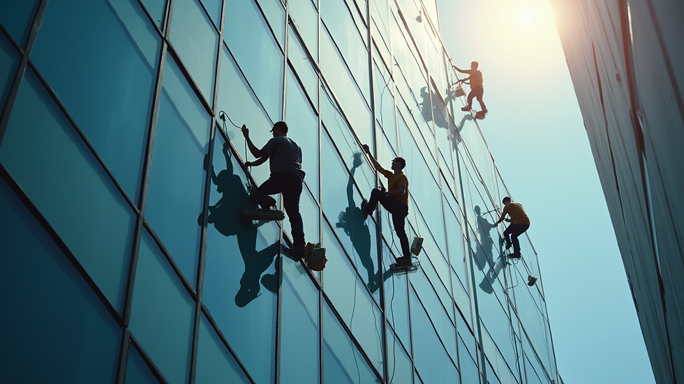 High angle view of professional cleaning staff working on building windows