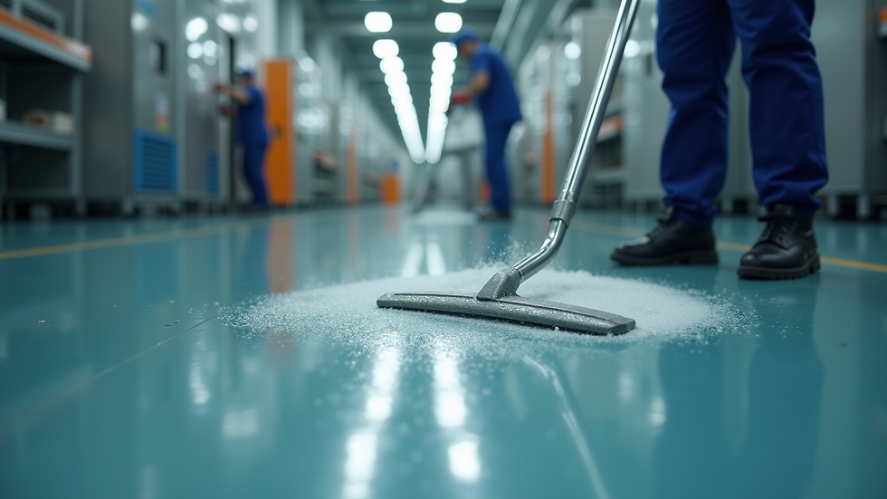 Eye-level view of factory floor being cleaned by professional staff