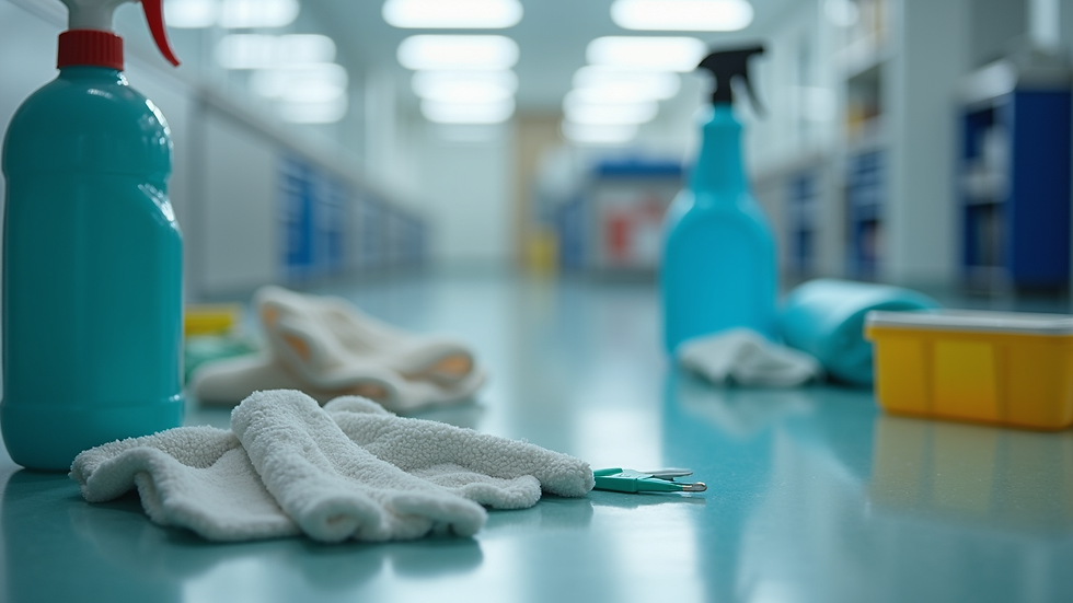 Close-up view of cleaning equipment and supplies