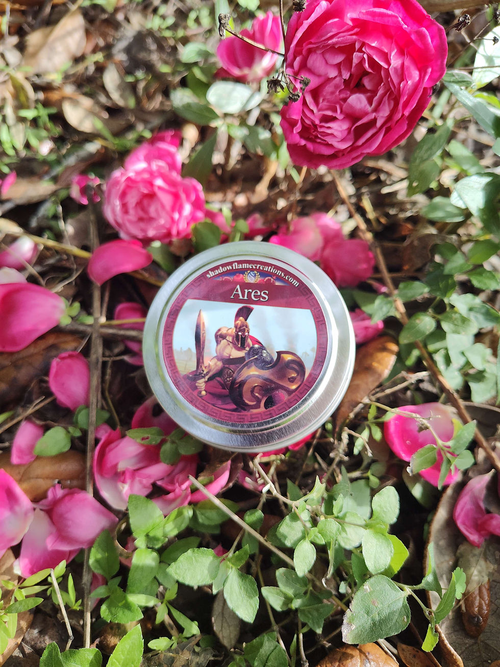Thumbnail: Dark Red Ares Candle With Gold and Red Sparkling Mica On A Bed Of Rose Petals