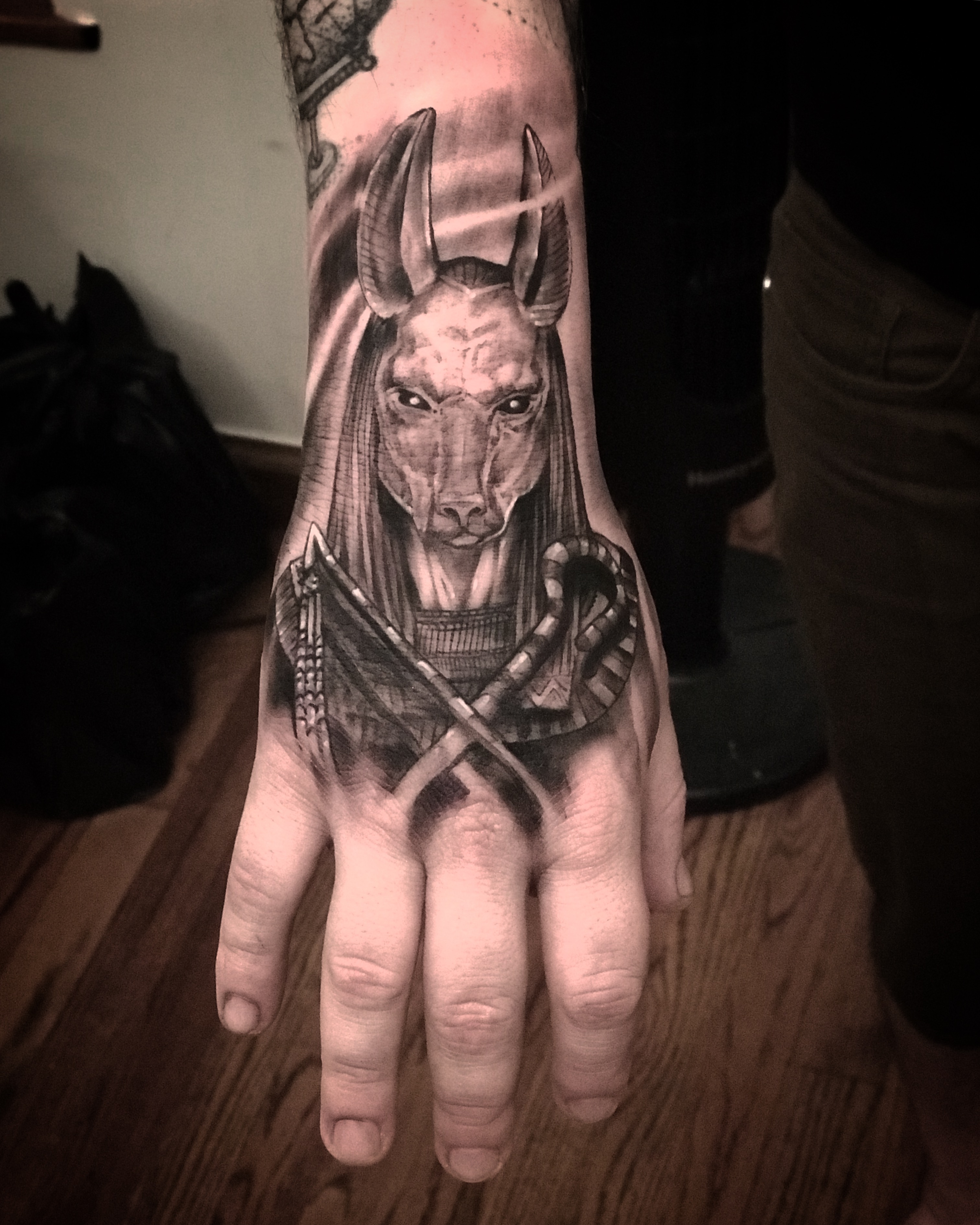 Anubis hand tattoo