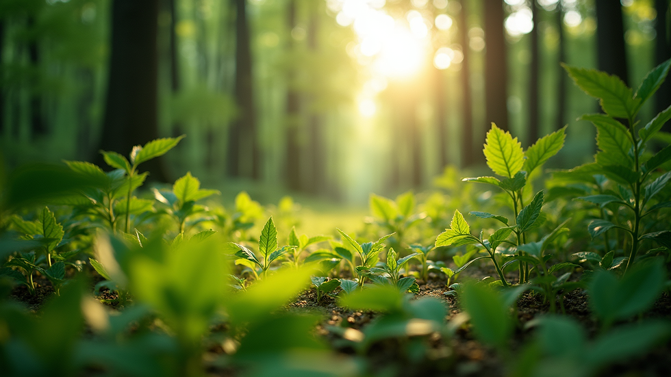 Eye-level view of a lush green forest with sunlight filtering through the leaves