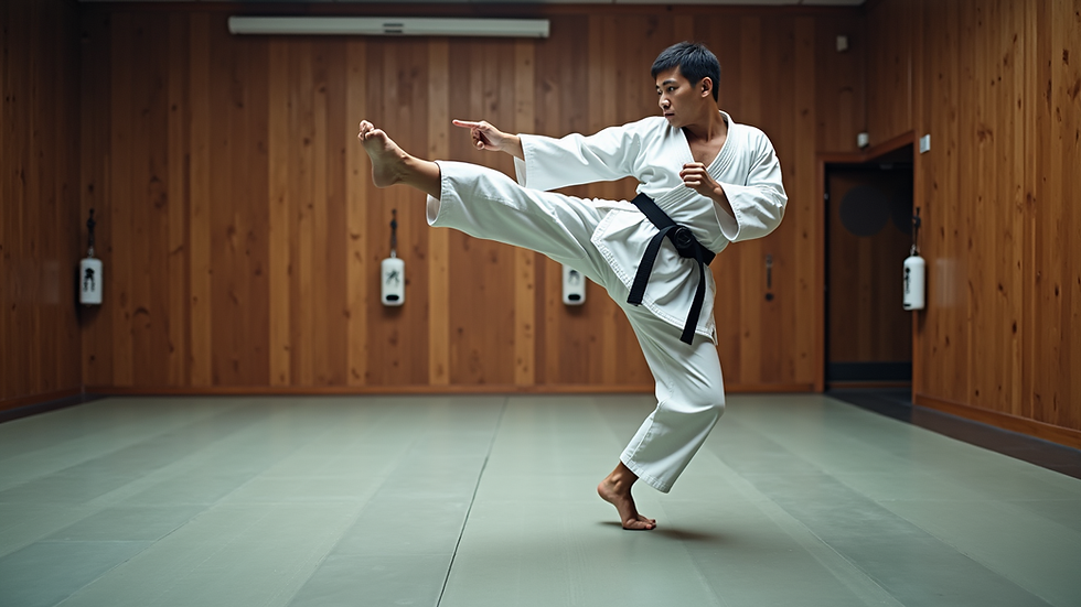 Eye-level view of a karate adult practicing a high kick in a dojo