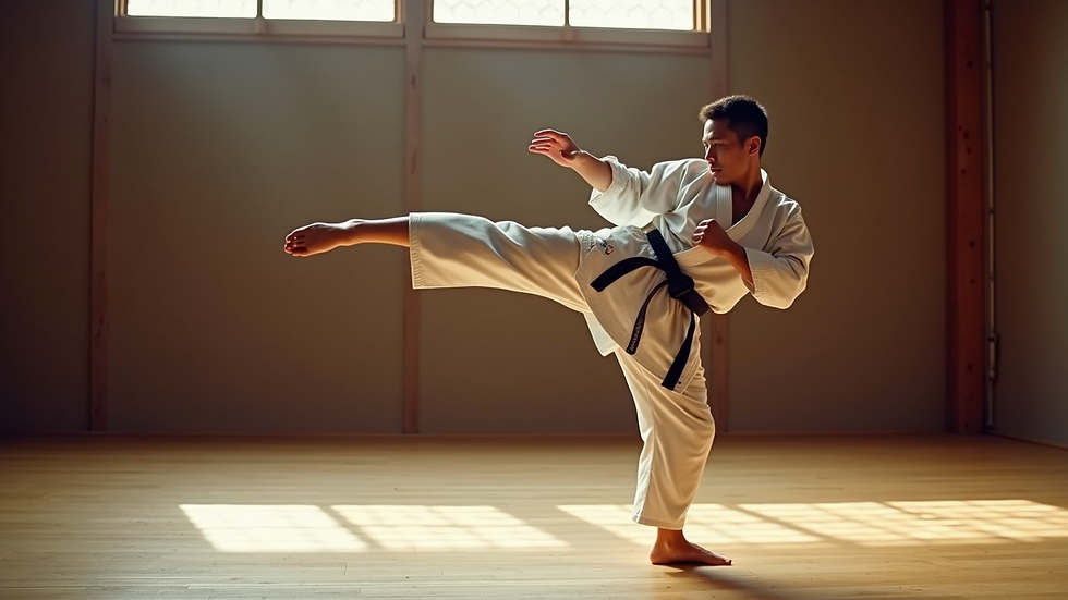 Close-up view of a karateka performing a high front kick in a dojo