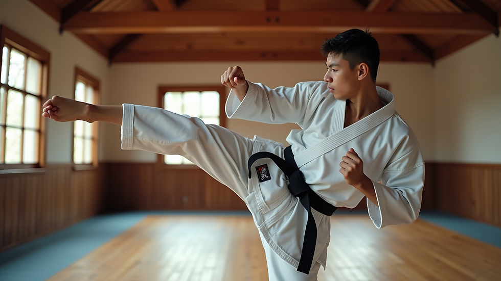 Close-up view of a karate student performing a front kick in a dojo