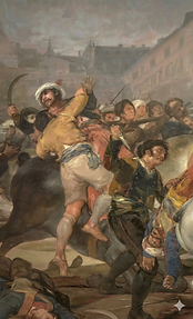 Violent street battle, men on horseback and fighting on foot