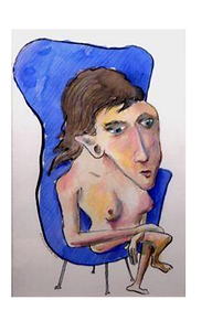 Abstract drawing of a figure with elongated face in blue chair