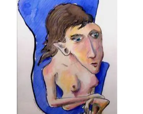 Stylized person with bare shoulders in blue chair