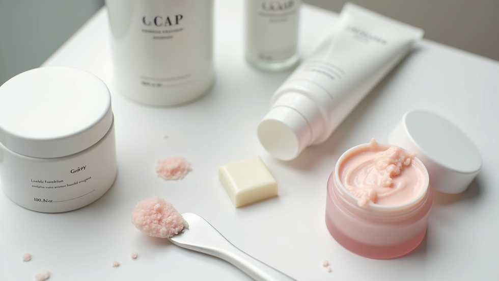 High angle view of skincare products and tools on a white table