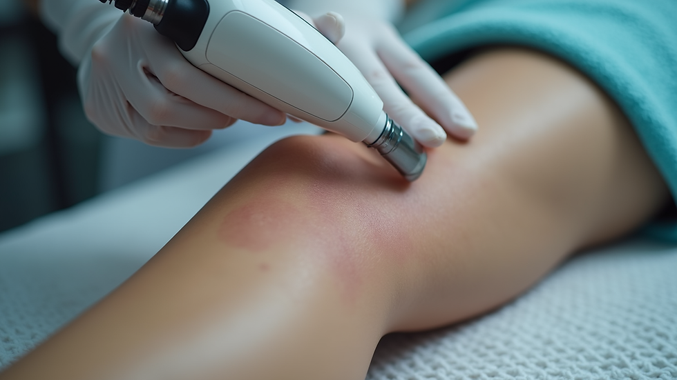 Close-up view of laser hair removal treatment on a client’s leg in a Toronto clinic