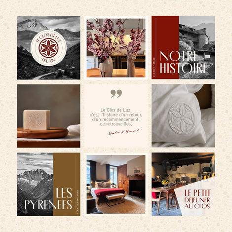 Grille Instagram pour Le Clos de Luz présentant des visuels de marque, des photos lifestyle et des éléments typographiques dans des tons chauds et une mise en page élégante
