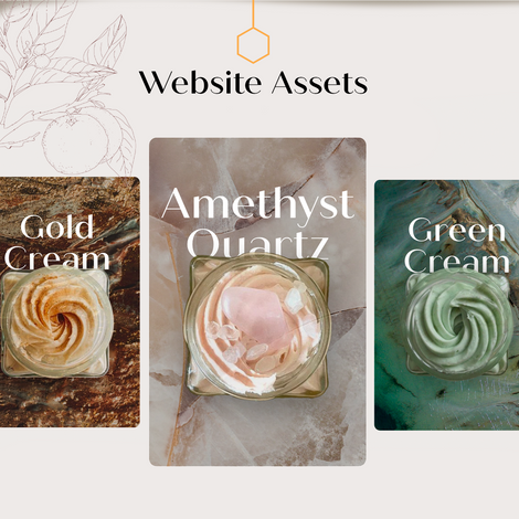 Three digital product cards displaying top views of Zoe Bee creams: Gold Cream on a marble texture, Amethyst Quartz with rose crystals, and Green Cream on a turquoise stone background.