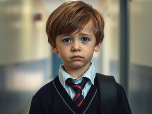 a sad child in a school uniform in a school corridor